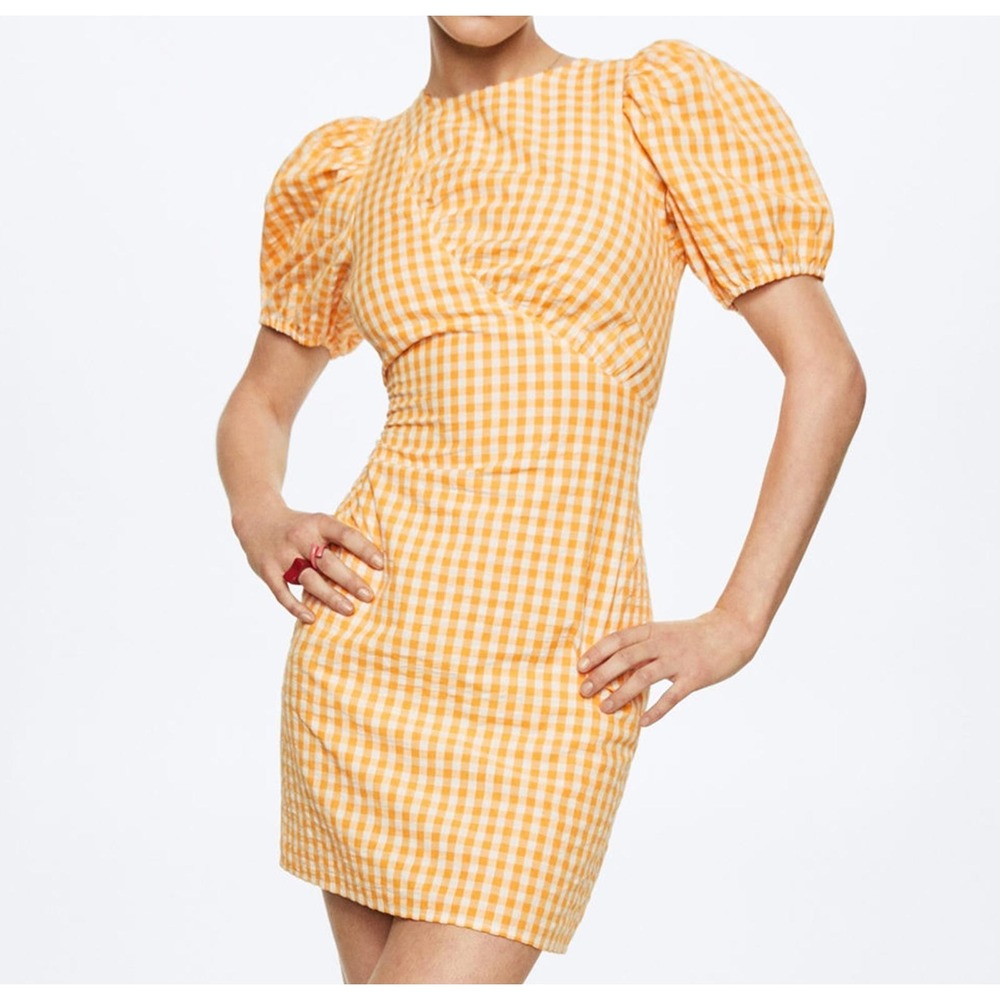 MNG Womens Gingham Puff Sleeve Short Dress Yellow Size 8